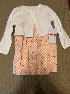 NWT Girls' Peach Gingham Dress with White Cardigan and Diaper Cover/Panties